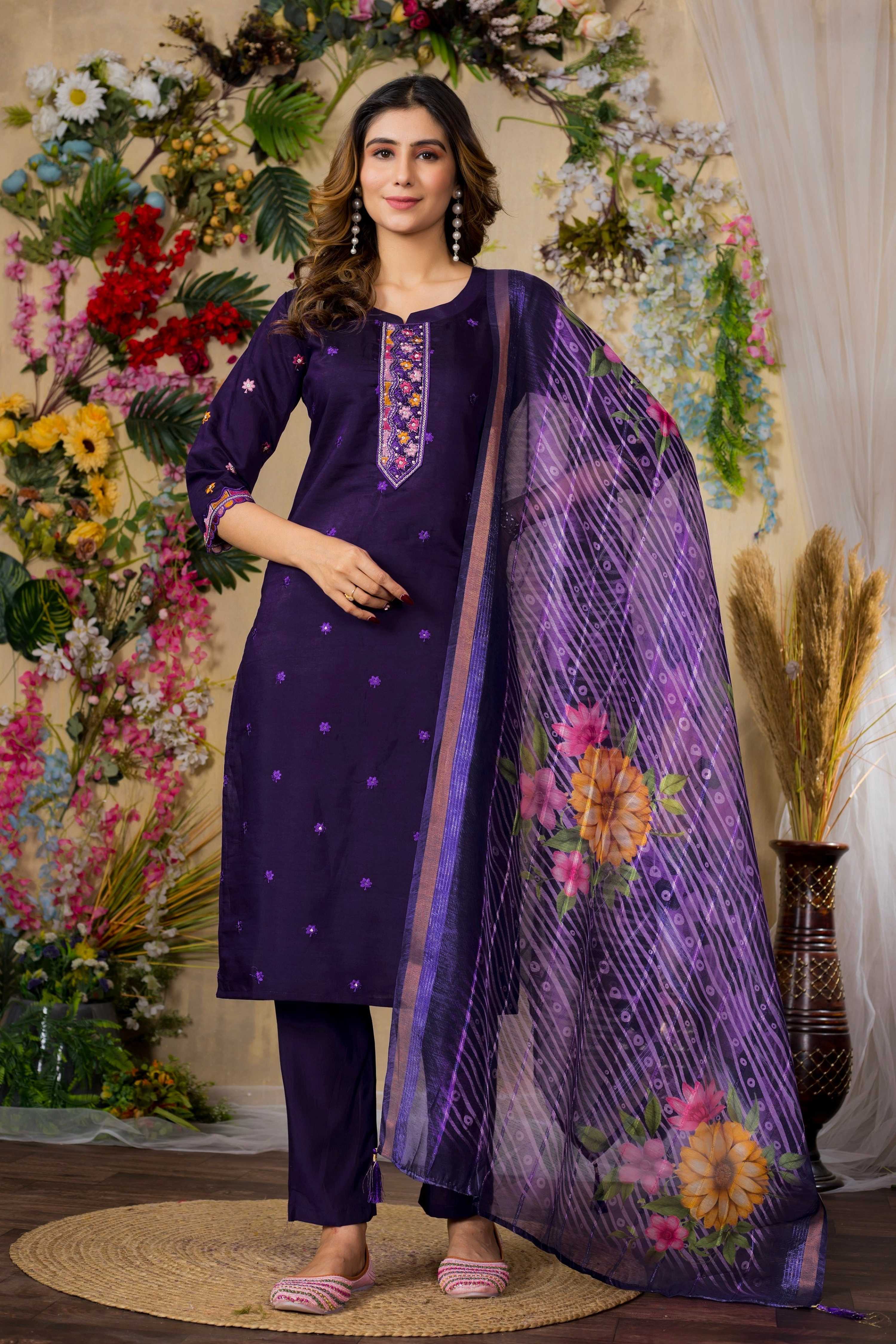 Vedant Vastram Roman Silk Embroidery & Sequence Work Stitched Kurta Pant Dupatta Set-Purple - Distacart