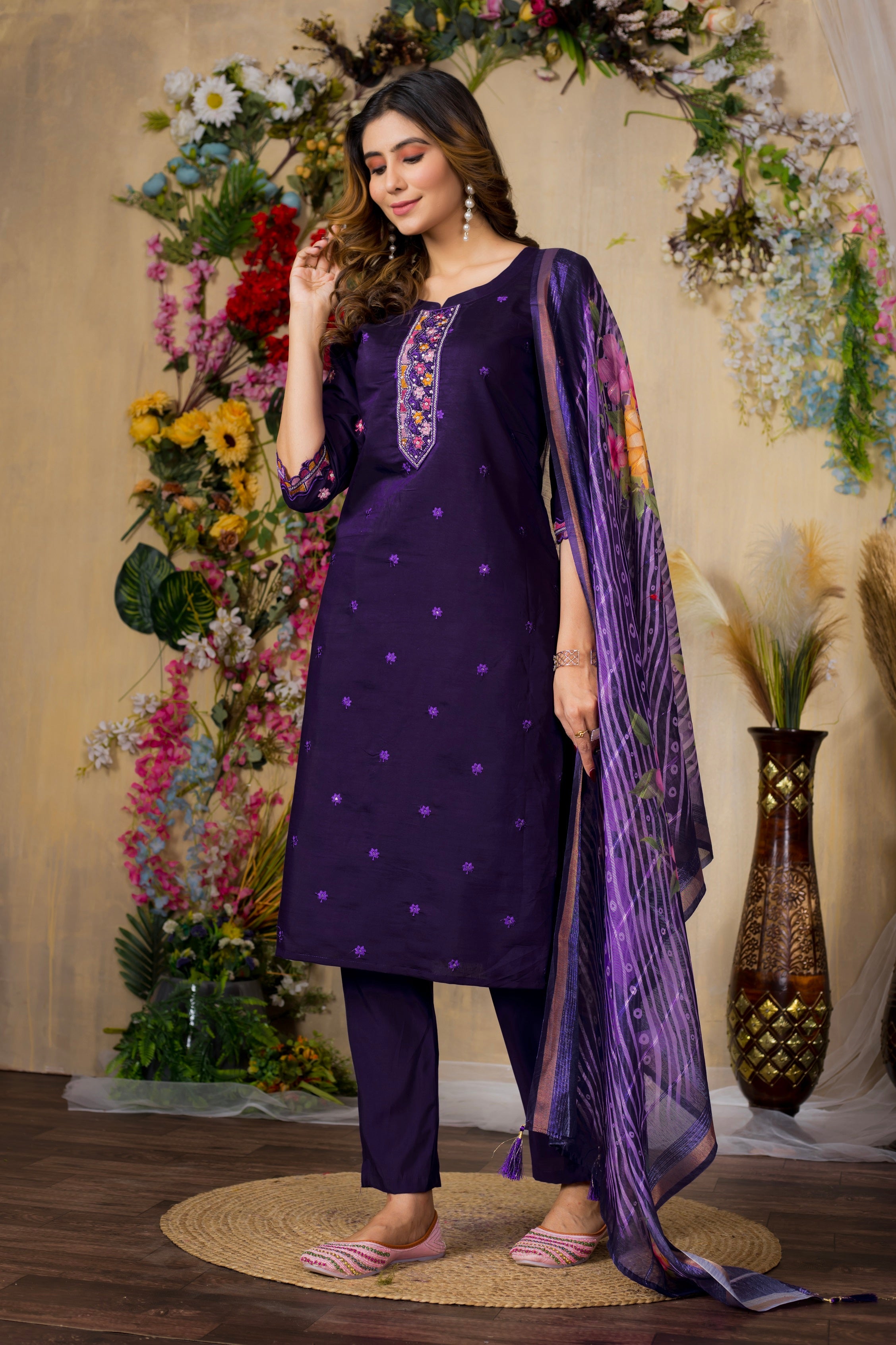 Vedant Vastram Roman Silk Embroidery & Sequence Work Stitched Kurta Pant Dupatta Set-Purple - Distacart