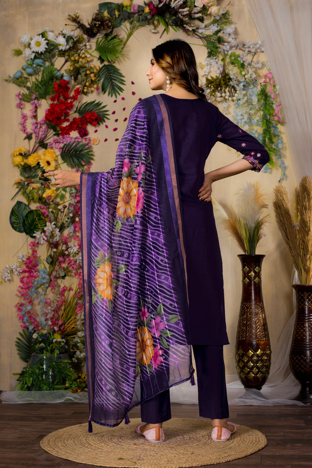 Vedant Vastram Roman Silk Embroidery & Sequence Work Stitched Kurta Pant Dupatta Set-Purple - Distacart