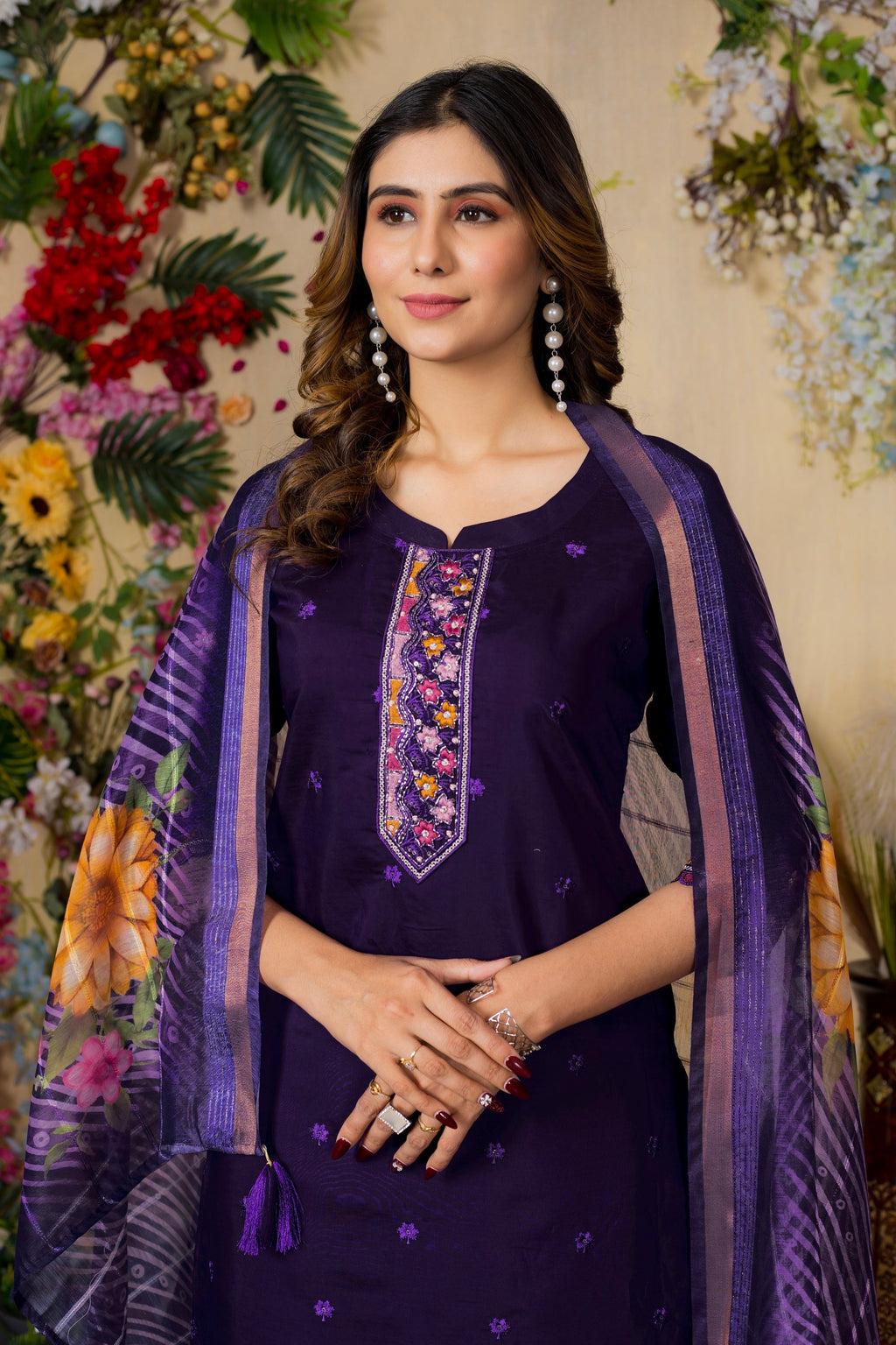 Vedant Vastram Roman Silk Embroidery & Sequence Work Stitched Kurta Pant Dupatta Set-Purple - Distacart