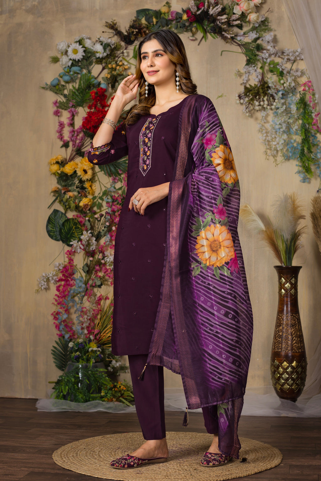 Vedant Vastram Roman Silk Embroidery & Sequence Work Stitched Kurta Pant Dupatta Set-Wine - Distacart