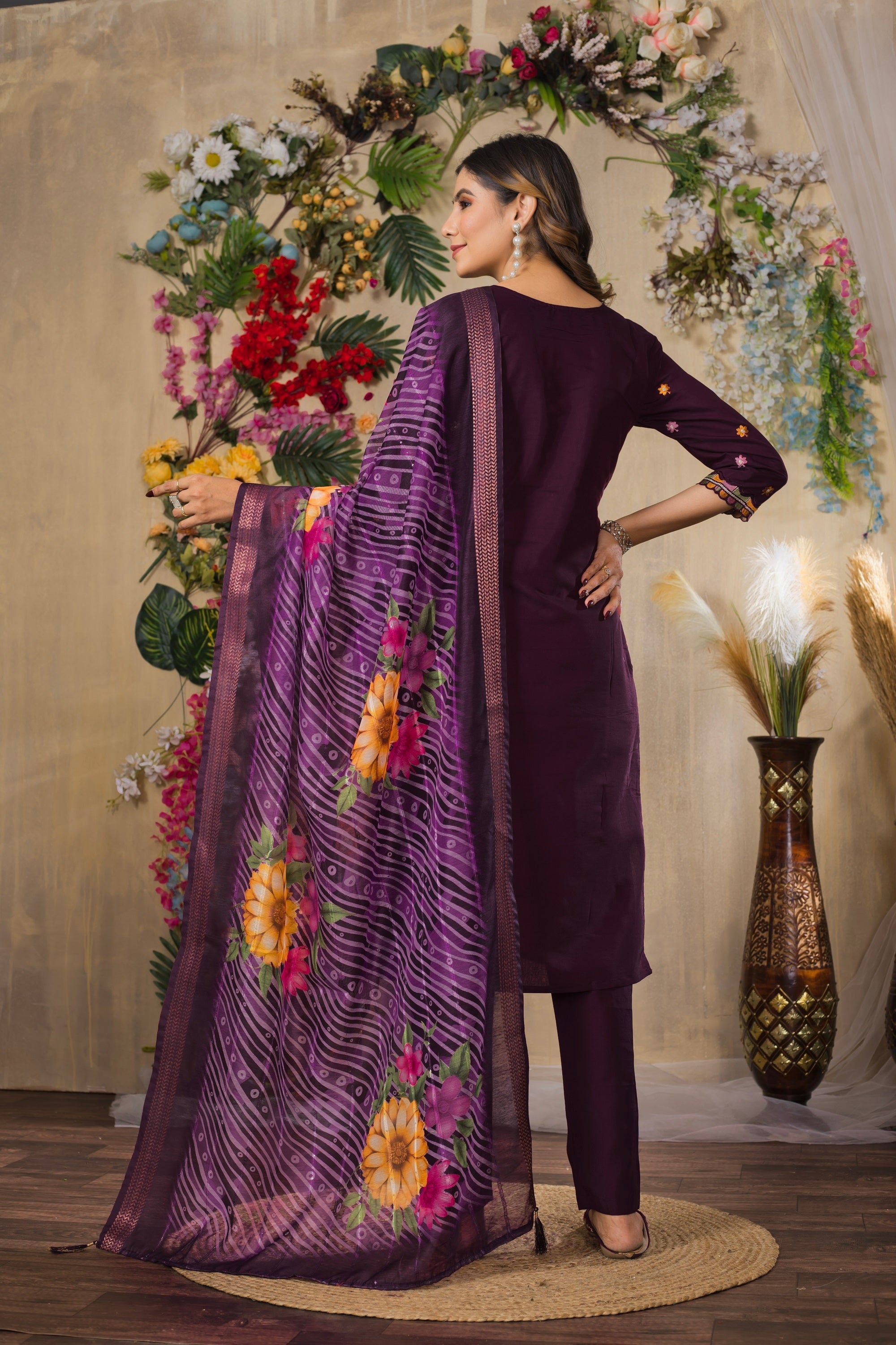 Vedant Vastram Roman Silk Embroidery & Sequence Work Stitched Kurta Pant Dupatta Set-Wine - Distacart