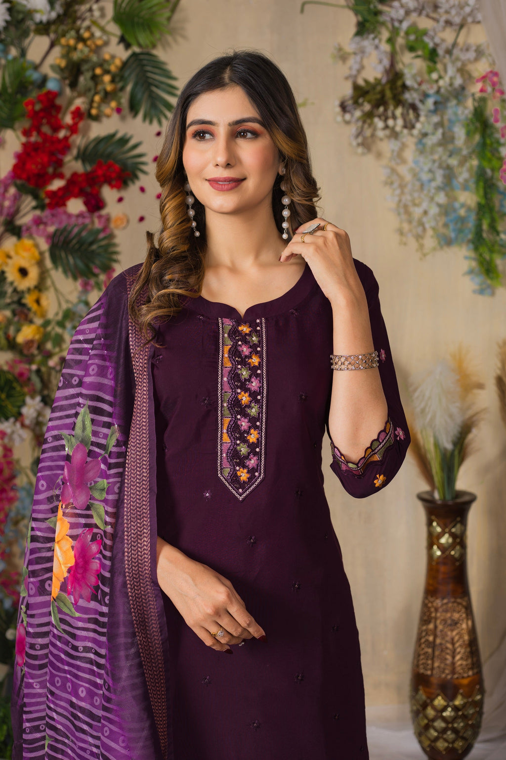 Vedant Vastram Roman Silk Embroidery & Sequence Work Stitched Kurta Pant Dupatta Set-Wine - Distacart