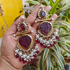 Tehzeeb Creations Latest Gold Polish Kundan & Pearl Studded Designer Drop Long Earrings For Women And Girls Maroon - Distacart