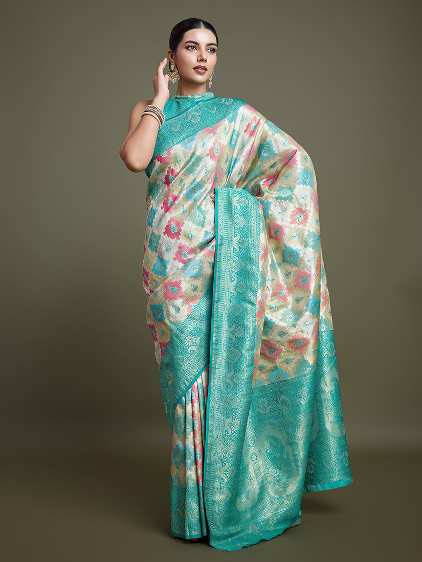 Monjolika Fashion Glamour And Tradition With This Zari Woven Turquoise And Cream Banarasi Silk Saree