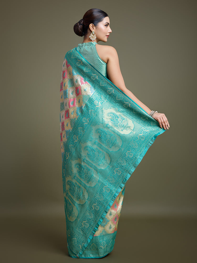 Monjolika Fashion Glamour And Tradition With This Zari Woven Turquoise And Cream Banarasi Silk Saree