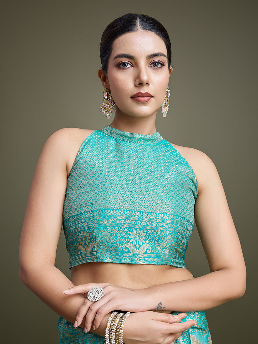 Monjolika Fashion Glamour And Tradition With This Zari Woven Turquoise And Cream Banarasi Silk Saree