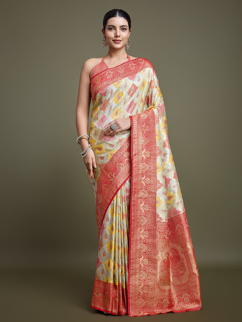 Monjolika Fashion Glamour And Tradition With This Zari Woven Red And Cream Banarasi Silk Saree