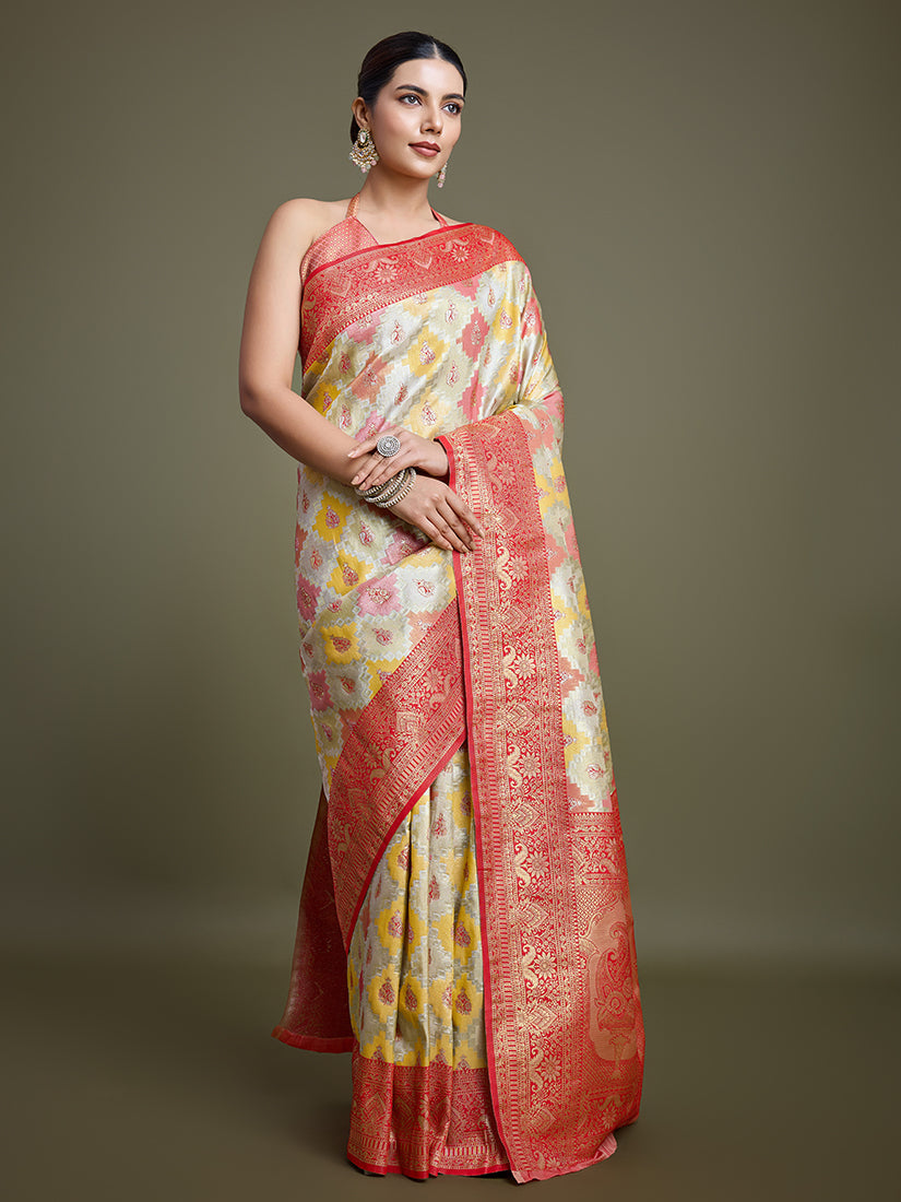 Monjolika Fashion Glamour And Tradition With This Zari Woven Red And Cream Banarasi Silk Saree