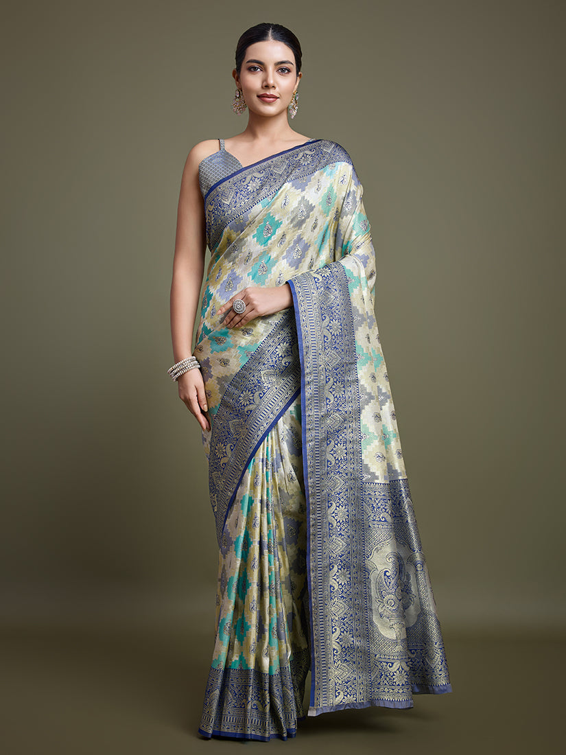 Monjolika Fashion Glamour And Tradition With This Zari Woven Navy Blue And Cream Banarasi Silk Saree