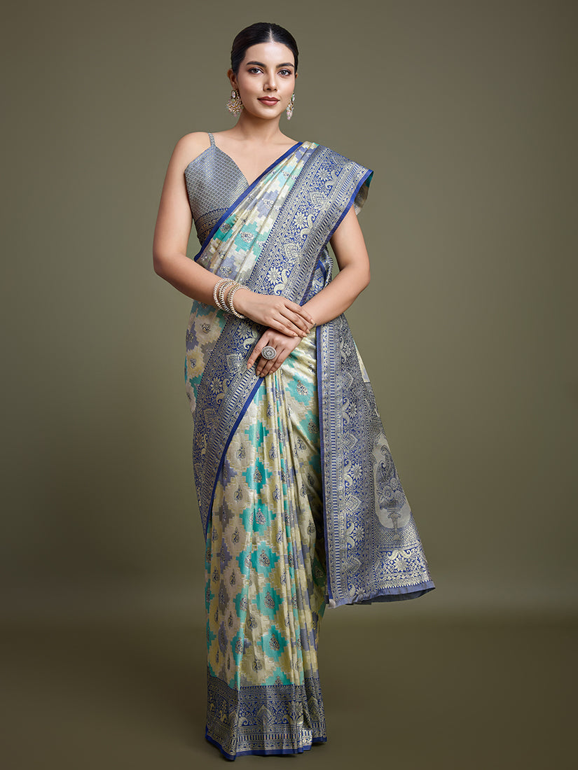 Monjolika Fashion Glamour And Tradition With This Zari Woven Navy Blue And Cream Banarasi Silk Saree