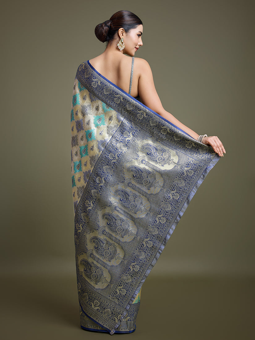 Monjolika Fashion Glamour And Tradition With This Zari Woven Navy Blue And Cream Banarasi Silk Saree