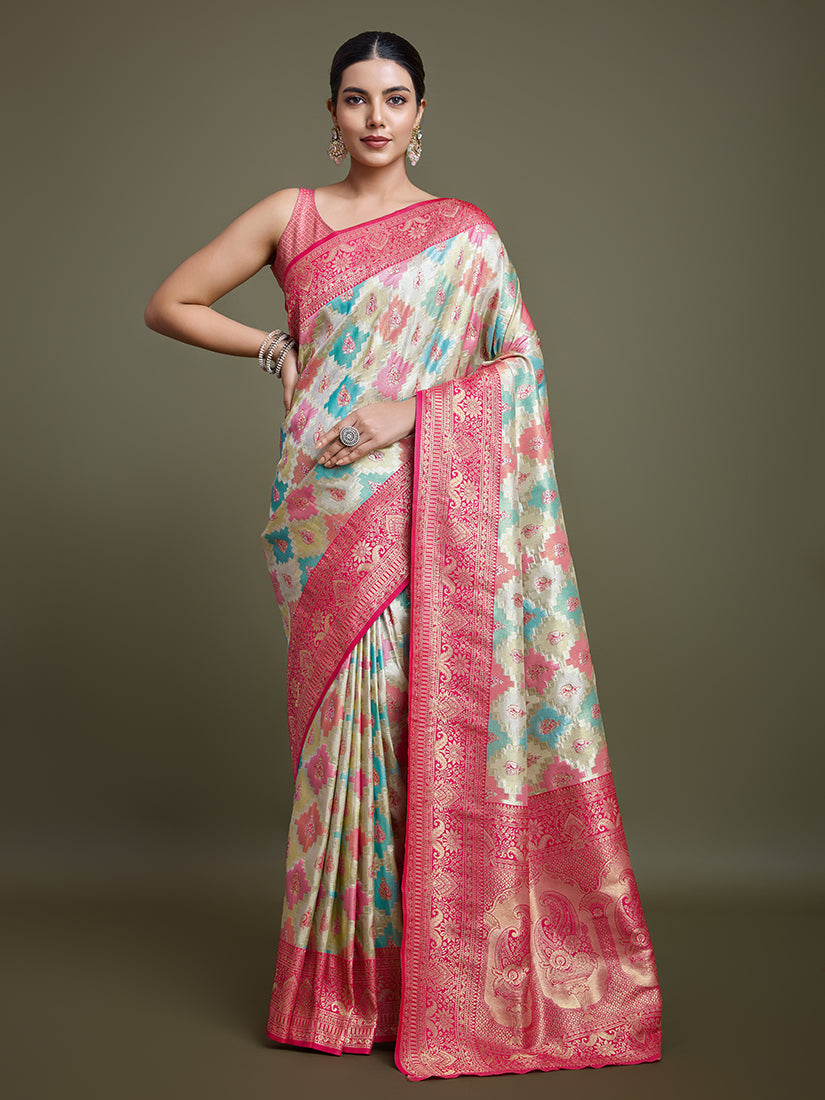 Monjolika Fashion Glamour And Tradition With This Zari Woven Pink And Cream Banarasi Silk Saree