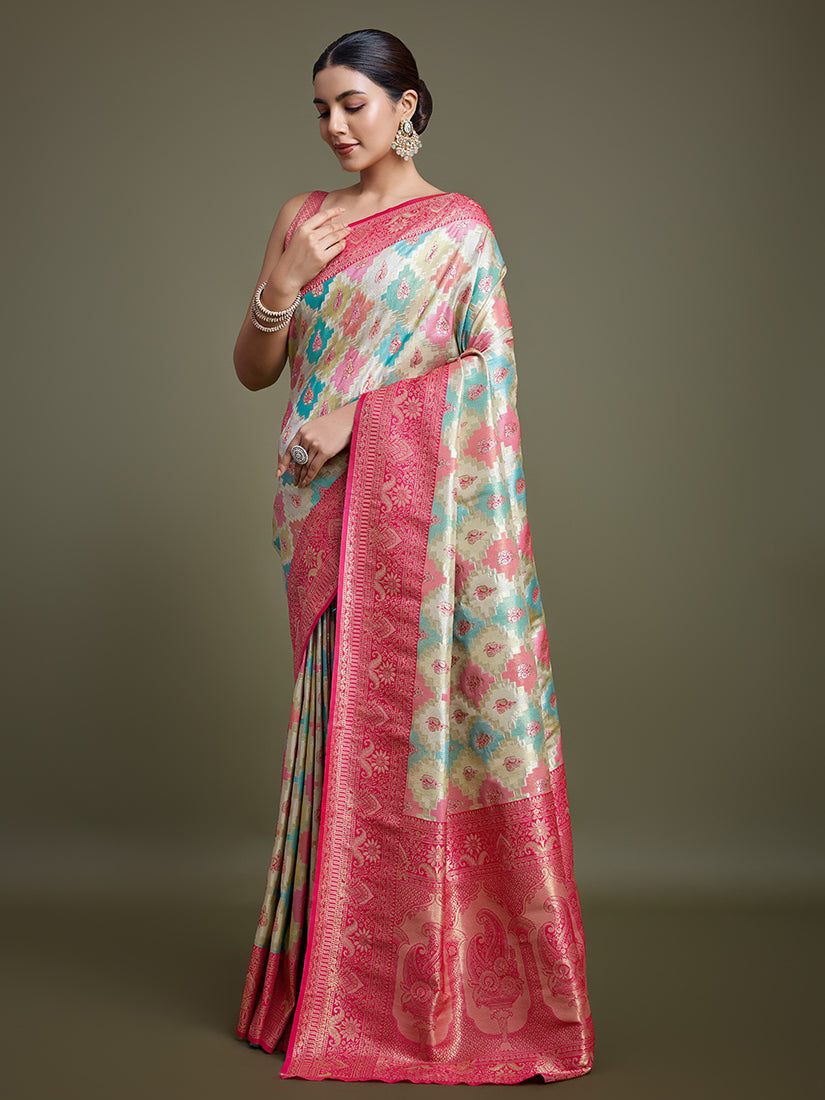 Monjolika Fashion Glamour And Tradition With This Zari Woven Pink And Cream Banarasi Silk Saree