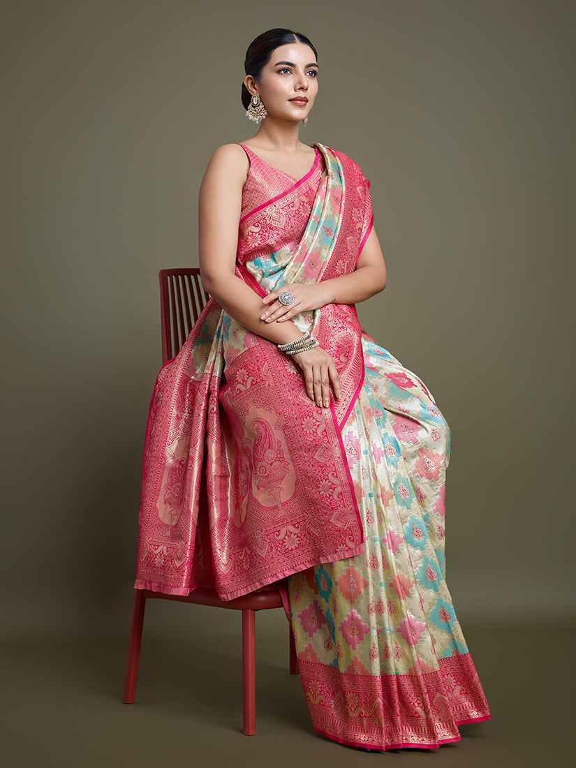 Monjolika Fashion Glamour And Tradition With This Zari Woven Pink And Cream Banarasi Silk Saree