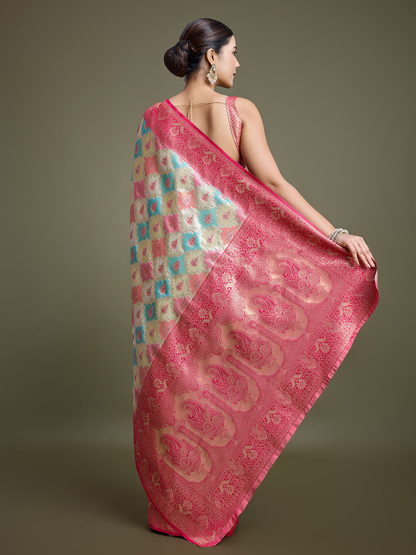 Monjolika Fashion Glamour And Tradition With This Zari Woven Pink And Cream Banarasi Silk Saree
