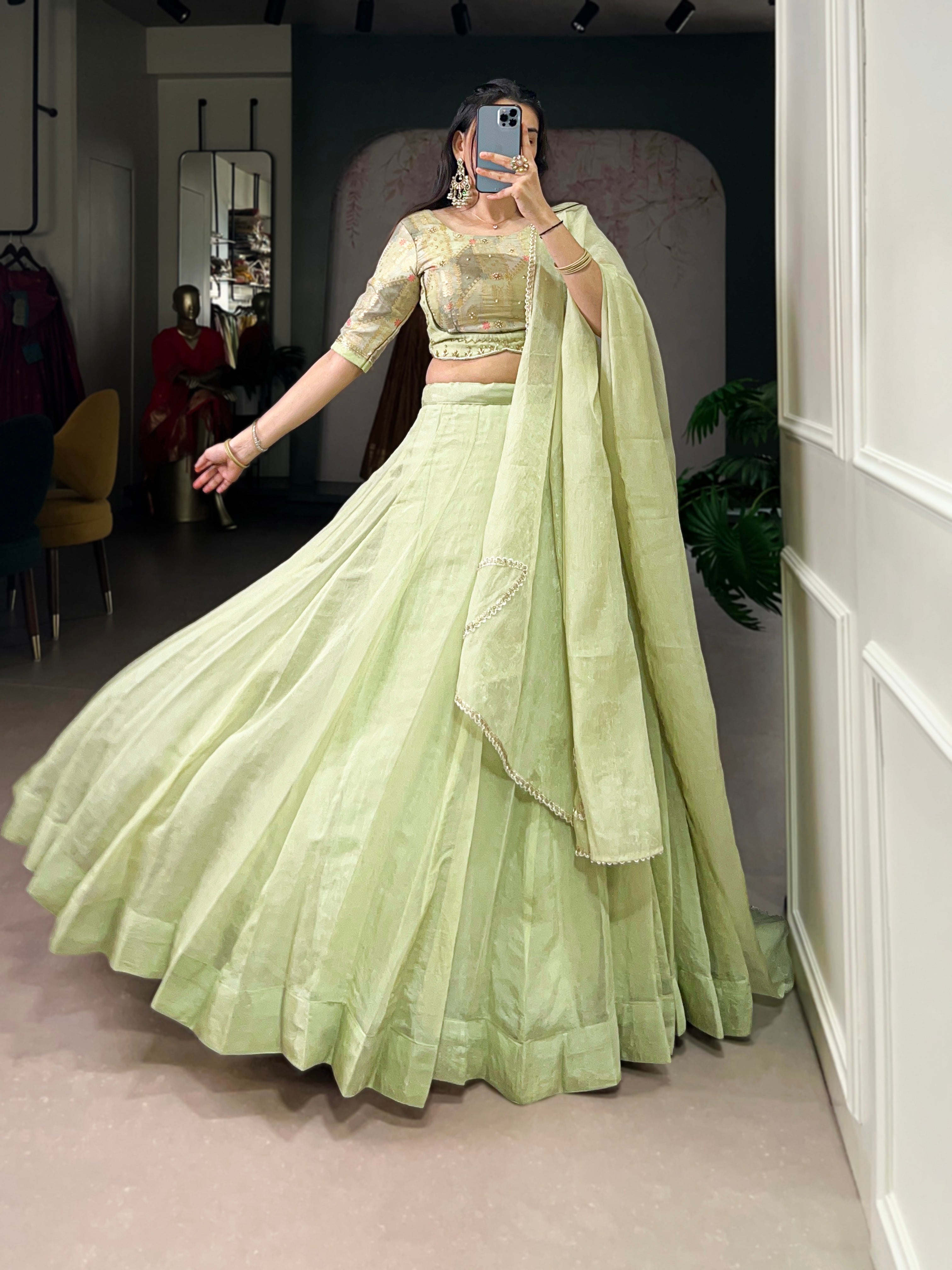 Lorenvalley Fashion Pista Crush Silk Plain Lehenga Choli with Dupatta - Distacart