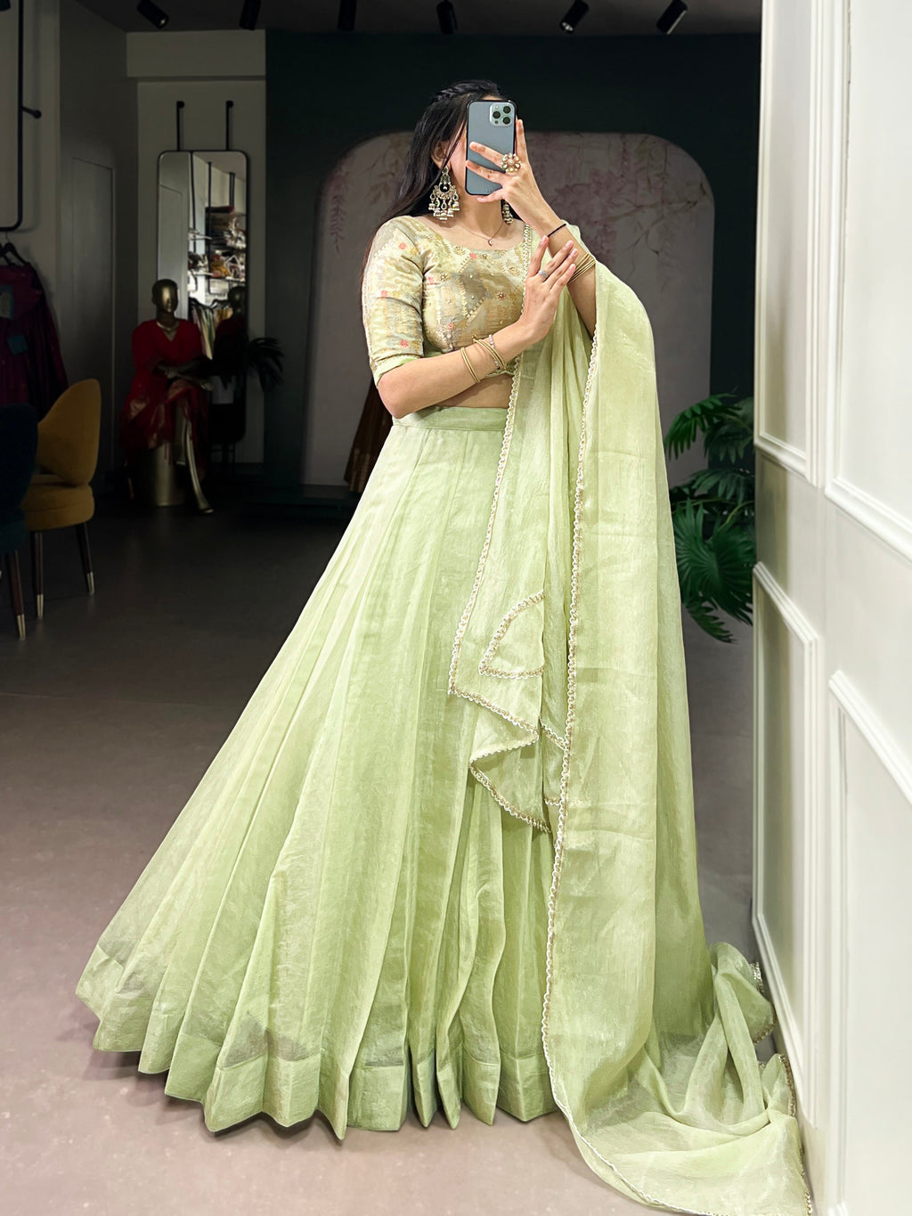 Lorenvalley Fashion Pista Crush Silk Plain Lehenga Choli with Dupatta - Distacart