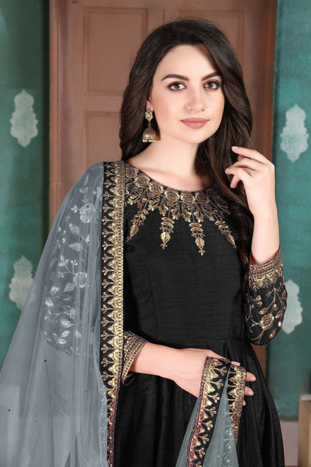 Anaita Black Embroidered Adda Silk Anarkali Suit