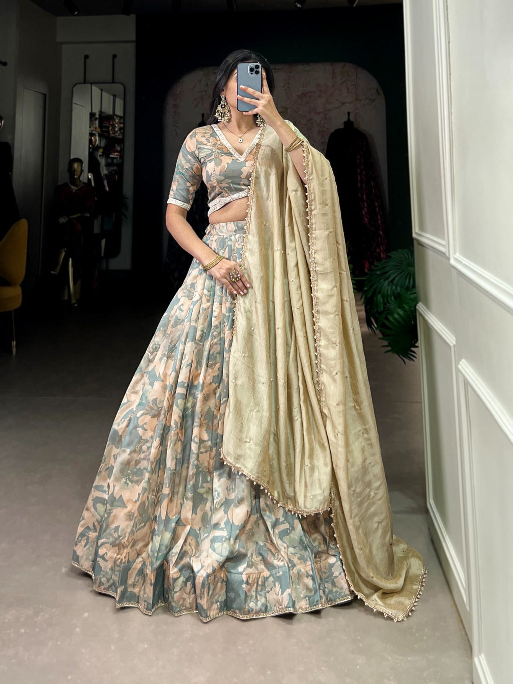 Lorenvalley Seagreen Tussar Silk Printed with Lace Touch Up Lehenga Choli