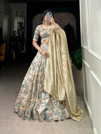 Lorenvalley Seagreen Tussar Silk Printed with Lace Touch Up Lehenga Choli