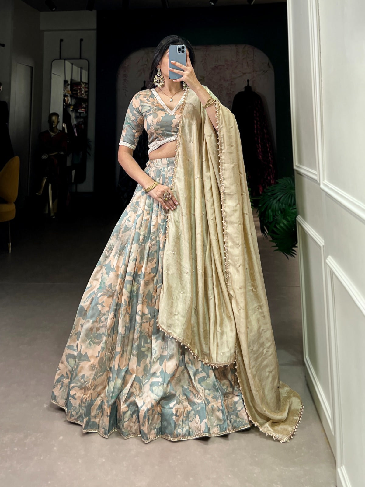 Lorenvalley Seagreen Tussar Silk Printed with Lace Touch Up Lehenga Choli