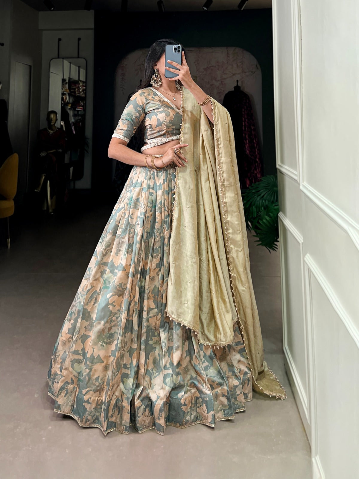 Lorenvalley Seagreen Tussar Silk Printed with Lace Touch Up Lehenga Choli