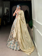 Lorenvalley Seagreen Tussar Silk Printed with Lace Touch Up Lehenga Choli