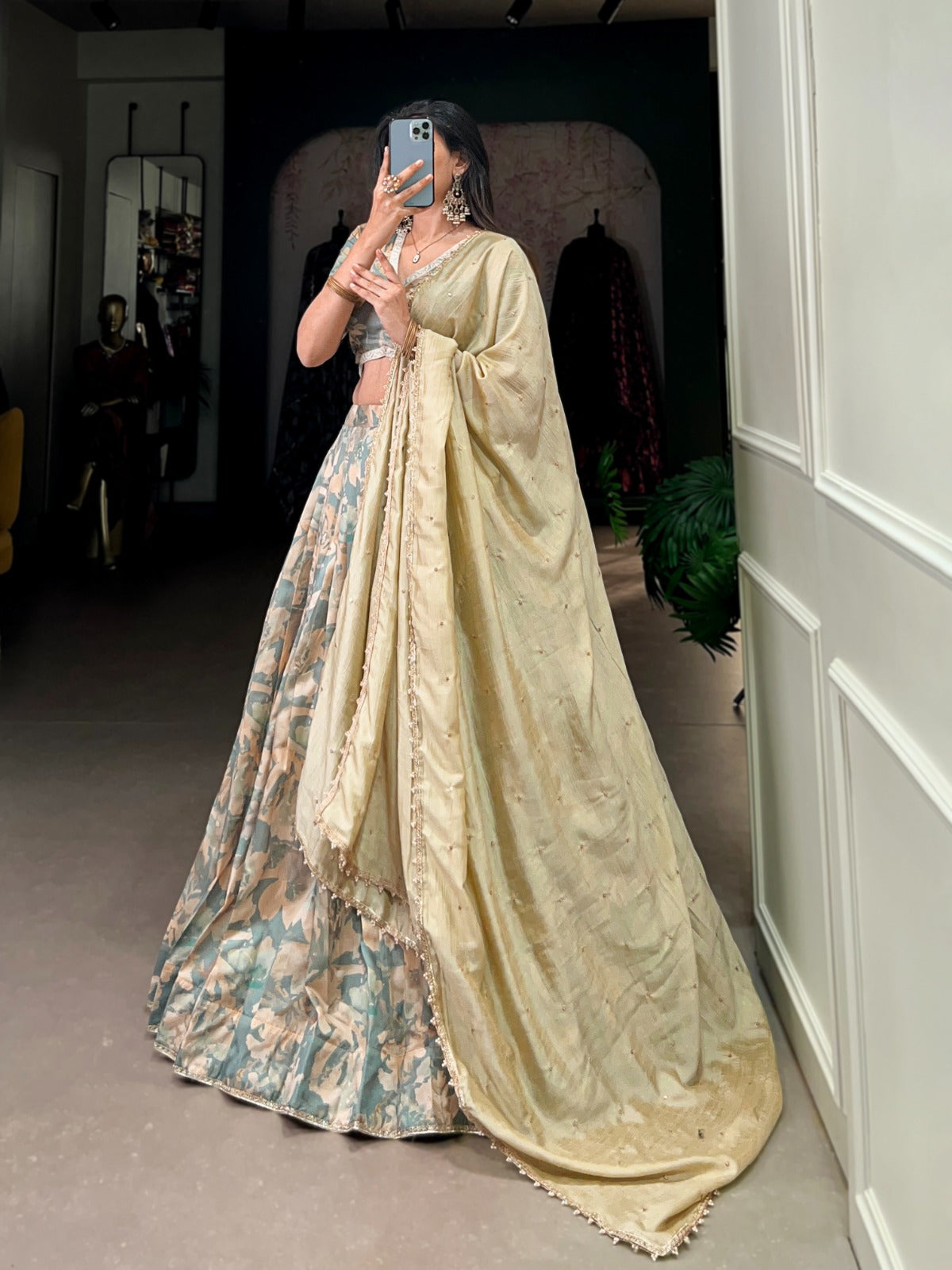 Lorenvalley Seagreen Tussar Silk Printed with Lace Touch Up Lehenga Choli