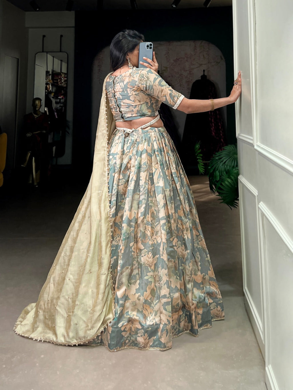 Lorenvalley Seagreen Tussar Silk Printed with Lace Touch Up Lehenga Choli