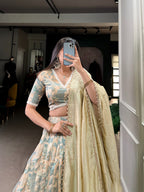 Lorenvalley Seagreen Tussar Silk Printed with Lace Touch Up Lehenga Choli