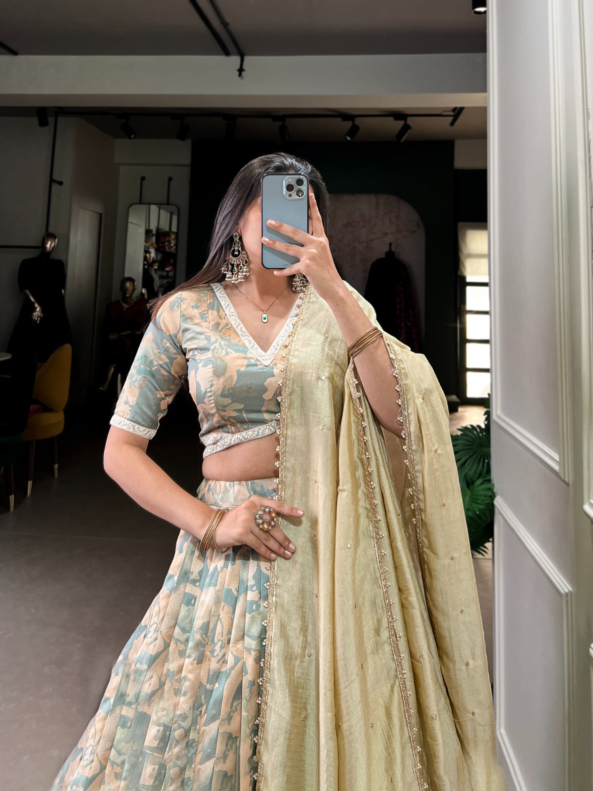 Lorenvalley Seagreen Tussar Silk Printed with Lace Touch Up Lehenga Choli