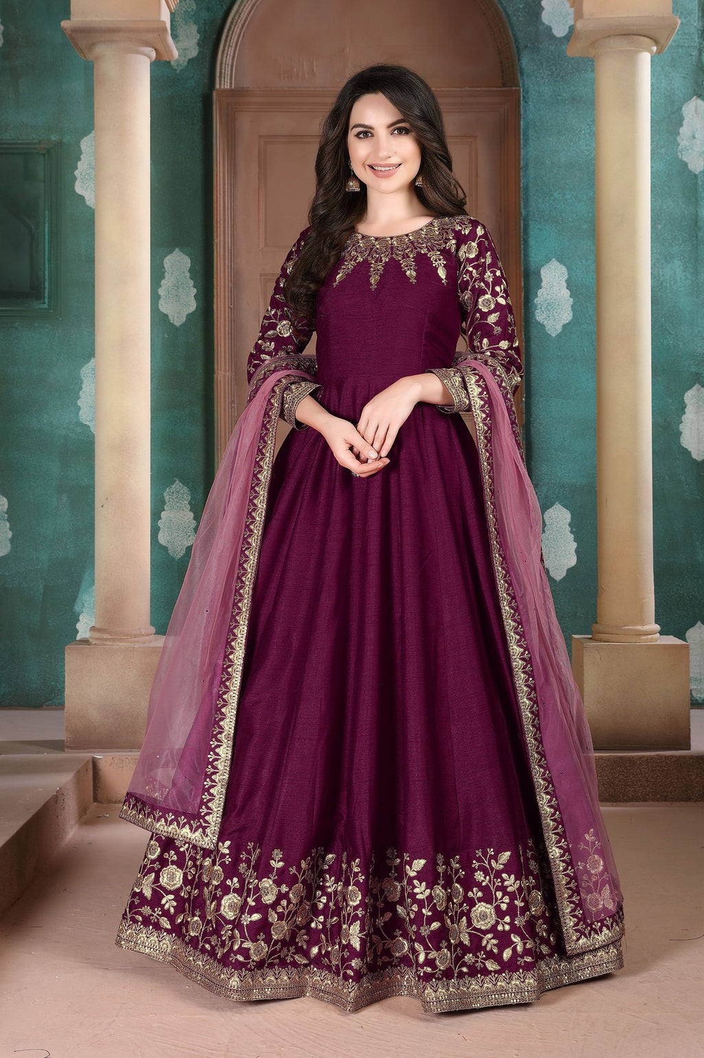 Anaita Purple Embroidered Adda Silk Anarkali Suit - Distacart