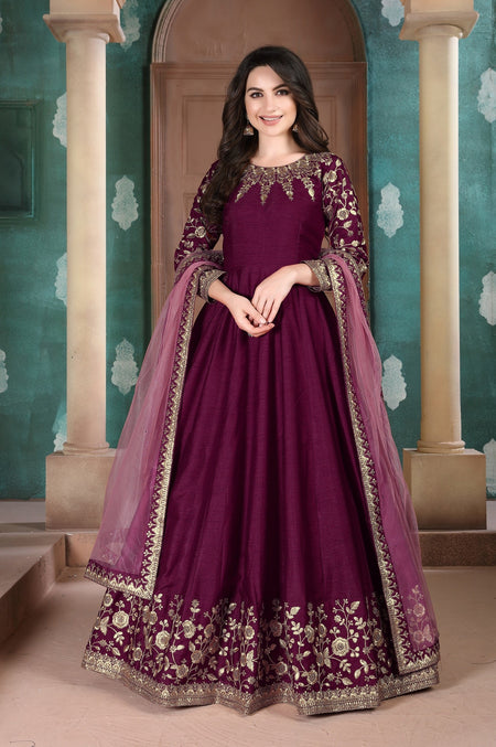 Anaita Purple Embroidered Adda Silk Anarkali Suit