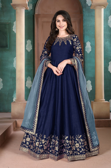 Anaita Navy Blue Embroidered Adda Silk Anarkali Suit