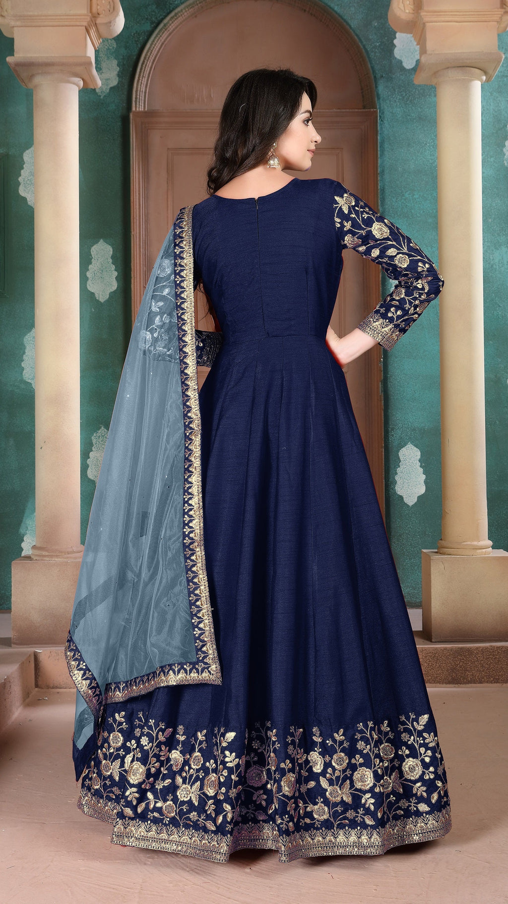 Anaita Navy Blue Embroidered Adda Silk Anarkali Suit - Distacart