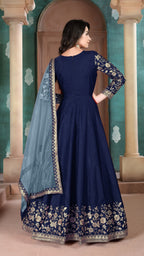 Anaita Navy Blue Embroidered Adda Silk Anarkali Suit - Distacart