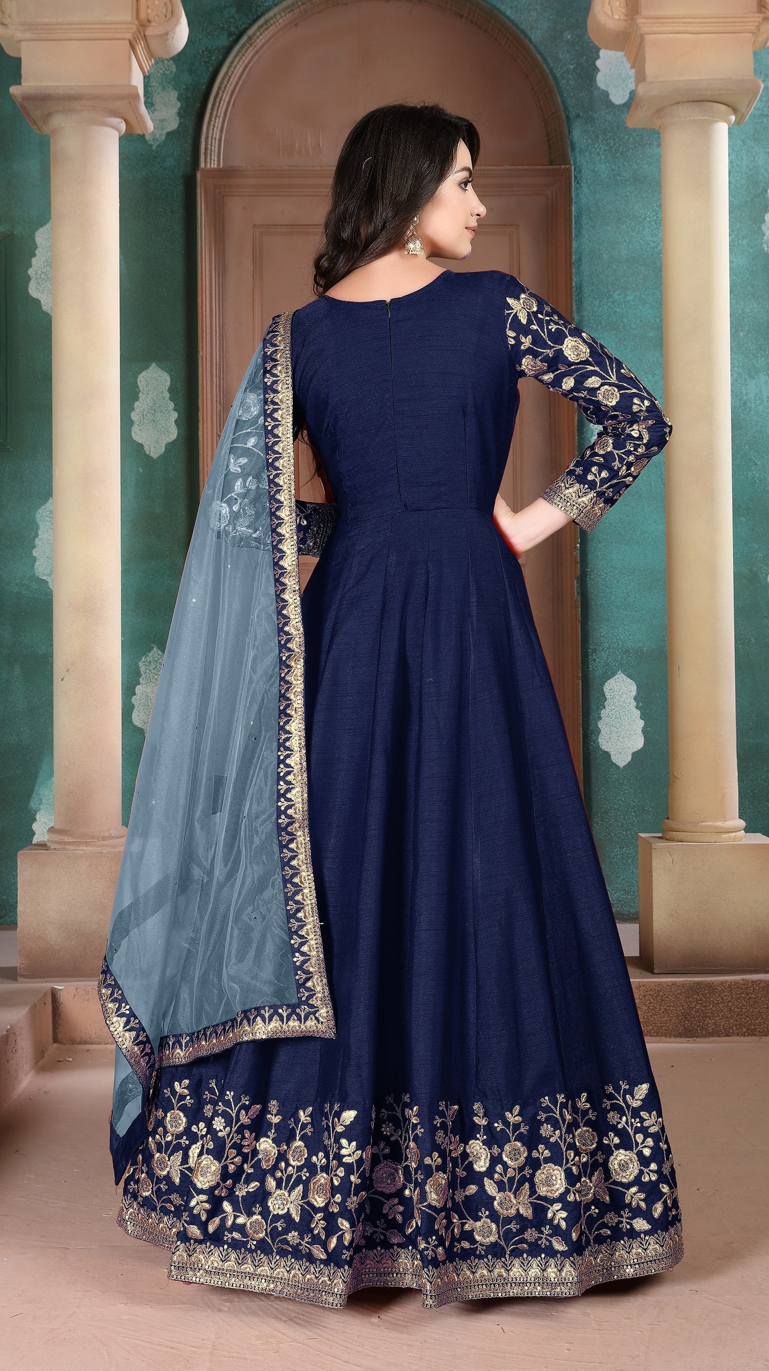 Anaita Navy Blue Embroidered Adda Silk Anarkali Suit - Distacart