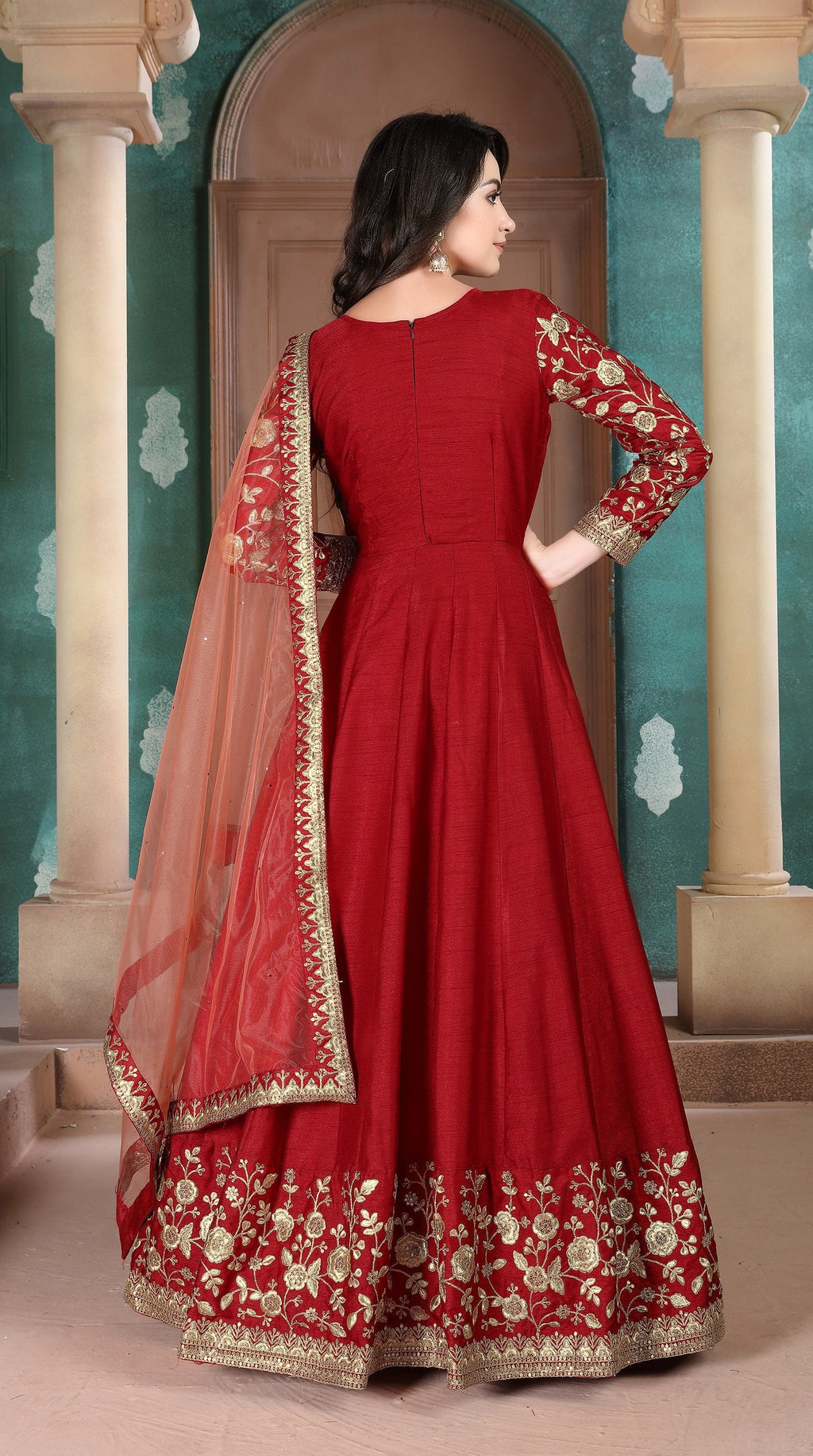 Anaita Red Embroidered Adda Silk Anarkali Suit - Distacart