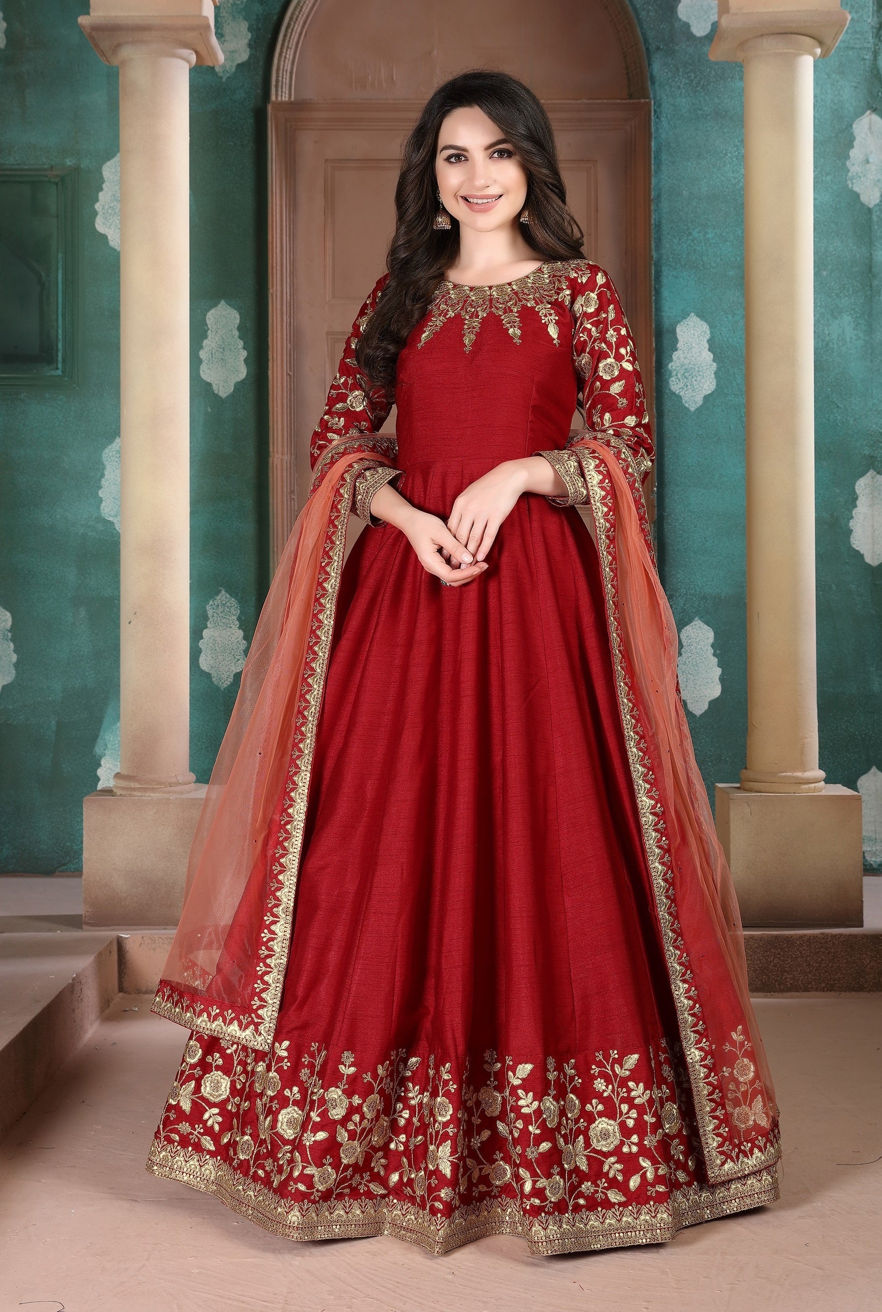 Anaita Red Embroidered Adda Silk Anarkali Suit - Distacart