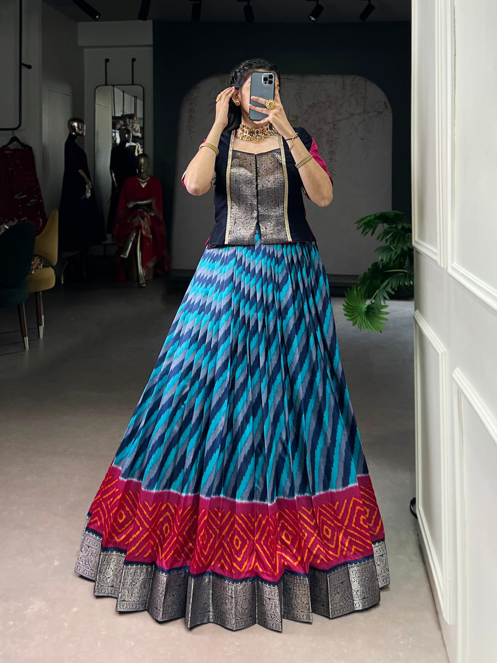 Lorenvalley Fashion Firozi Tasar Silk Leheriya Print With Zari Weaving Work Lehenga Choli - Distacart
