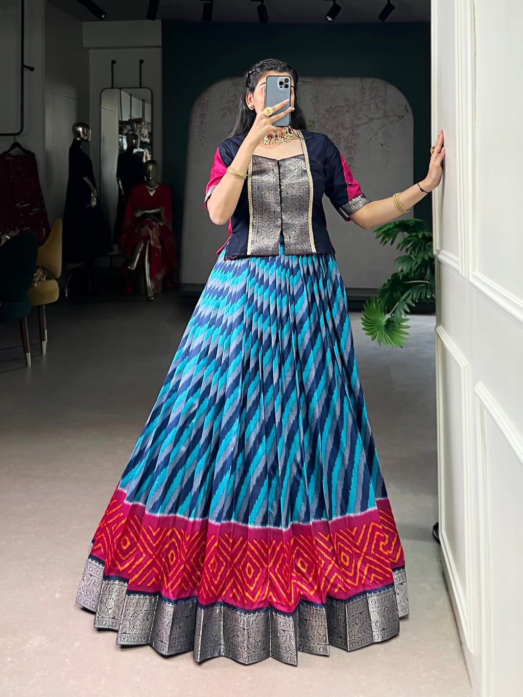 Lorenvalley Fashion Firozi Tasar Silk Leheriya Print With Zari Weaving Work Lehenga Choli - Distacart