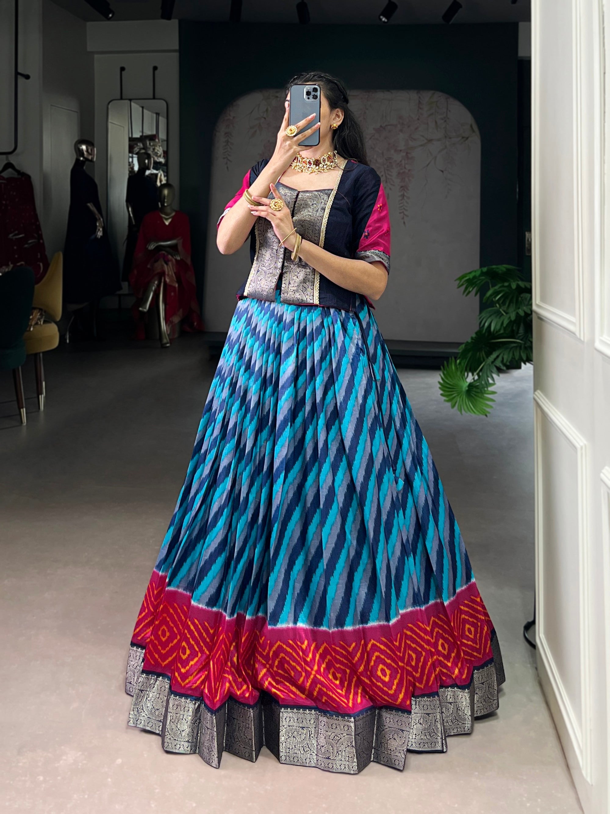 Lorenvalley Fashion Firozi Tasar Silk Leheriya Print With Zari Weaving Work Lehenga Choli - Distacart