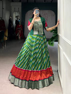 Lorenvalley Fashion Green Tasar Silk Leheriya Print With Zari Weaving Work Lehenga Choli - Distacart