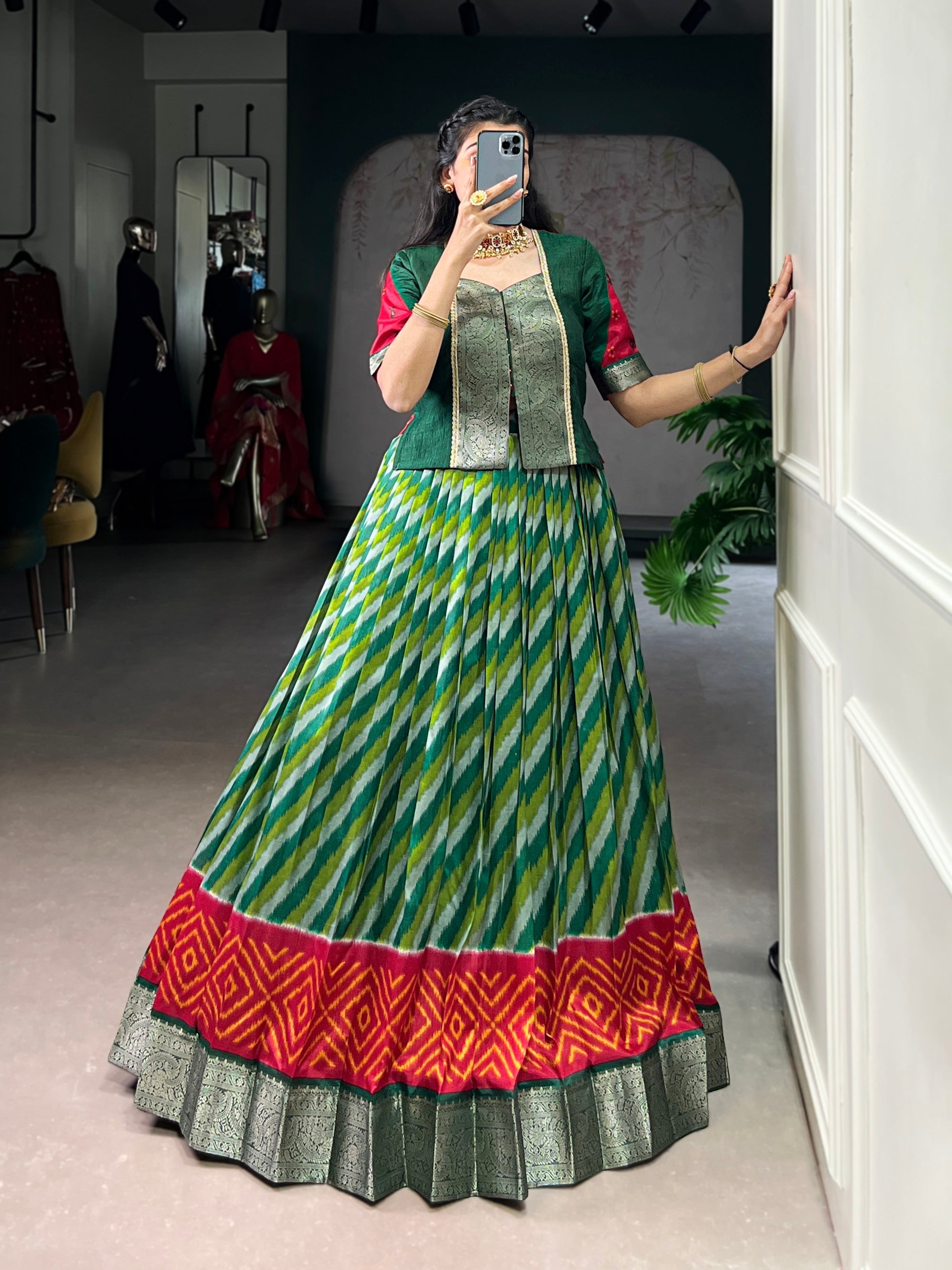 Lorenvalley Fashion Green Tasar Silk Leheriya Print With Zari Weaving Work Lehenga Choli - Distacart
