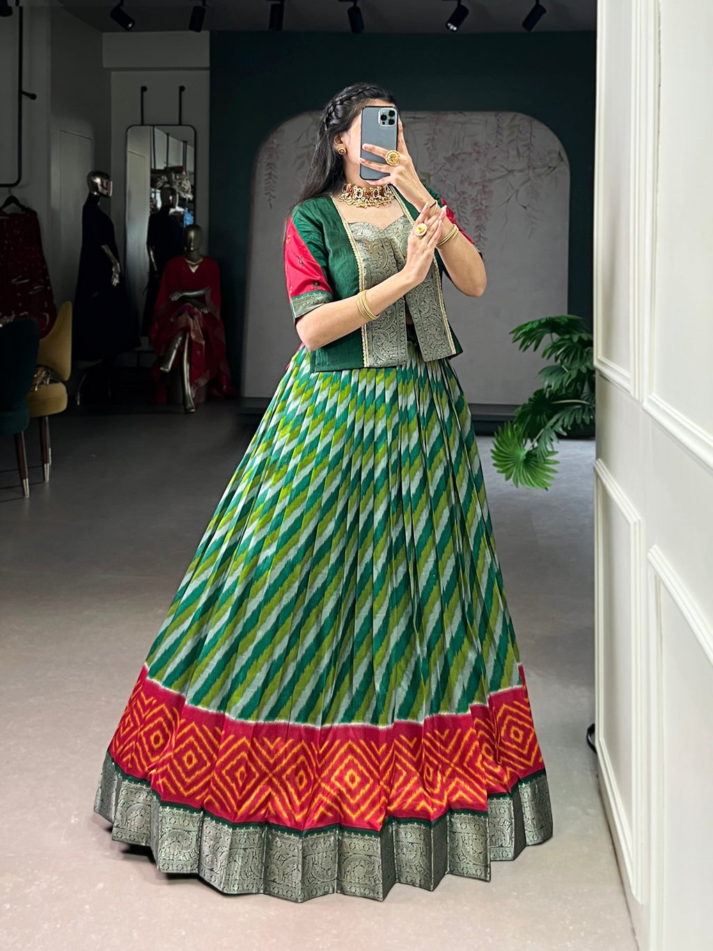 Lorenvalley Fashion Green Tasar Silk Leheriya Print With Zari Weaving Work Lehenga Choli - Distacart