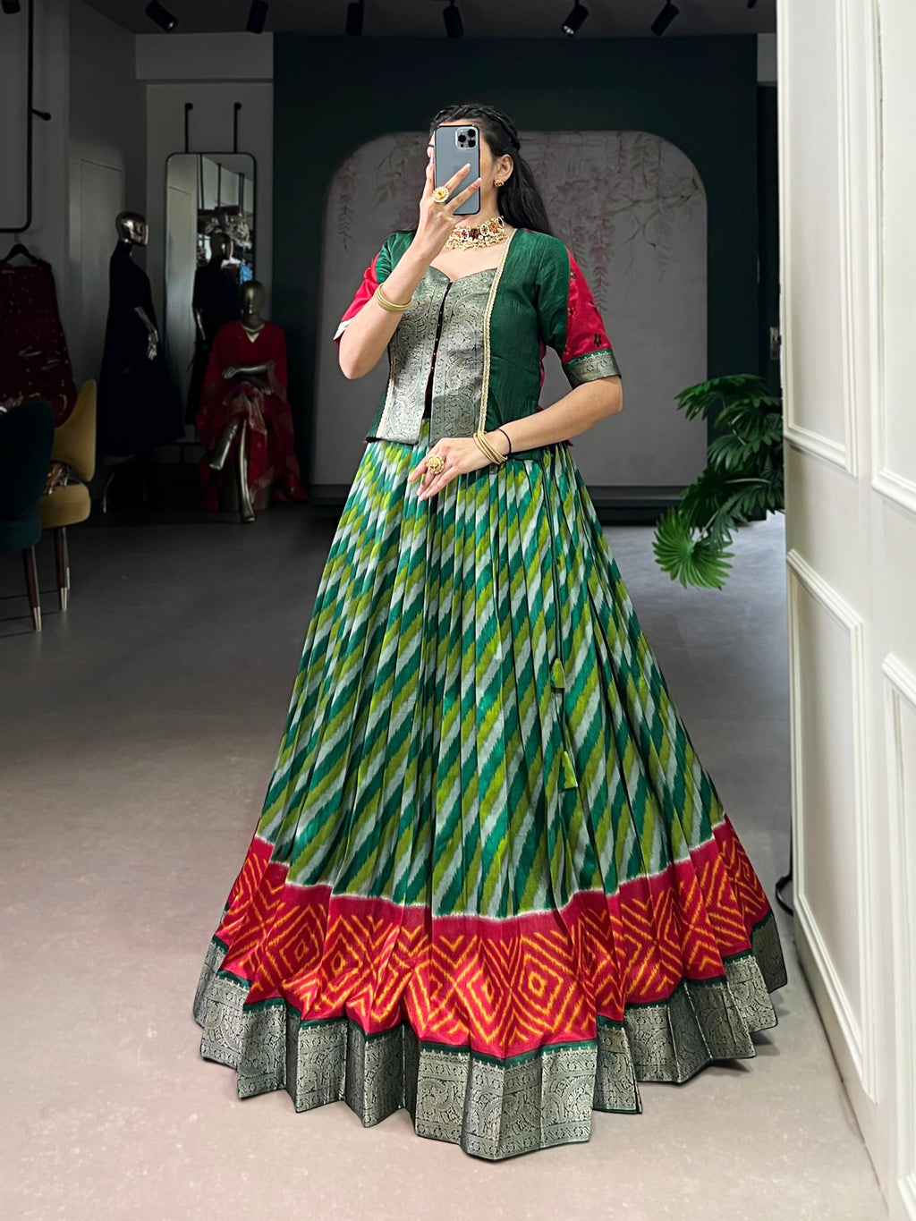 Lorenvalley Fashion Green Tasar Silk Leheriya Print With Zari Weaving Work Lehenga Choli - Distacart