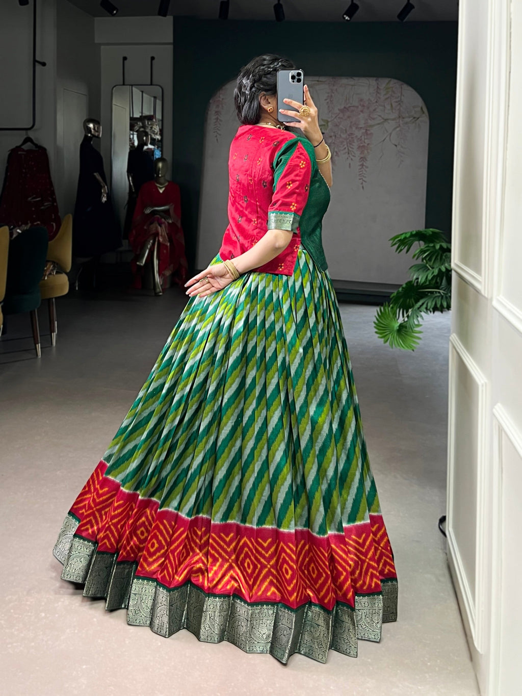 Lorenvalley Fashion Green Tasar Silk Leheriya Print With Zari Weaving Work Lehenga Choli - Distacart
