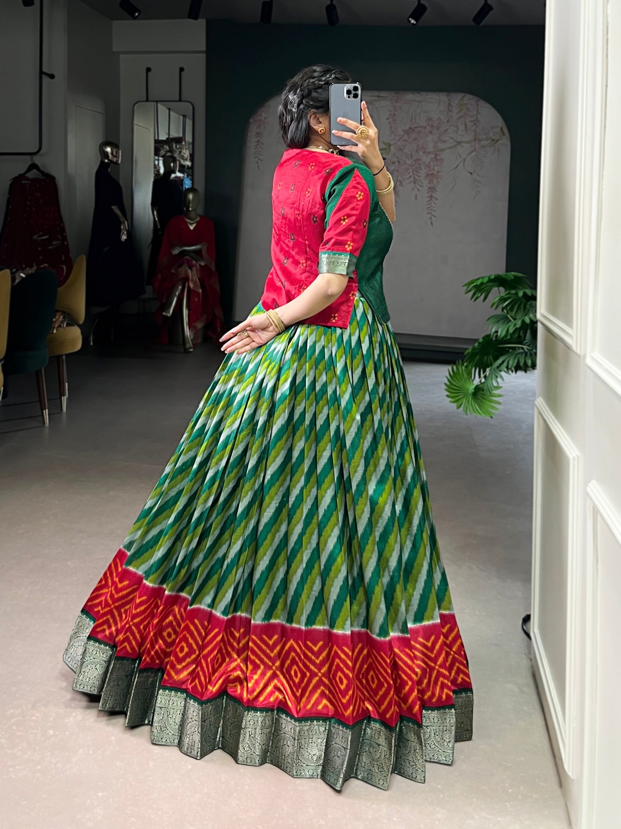 Lorenvalley Fashion Green Tasar Silk Leheriya Print With Zari Weaving Work Lehenga Choli - Distacart