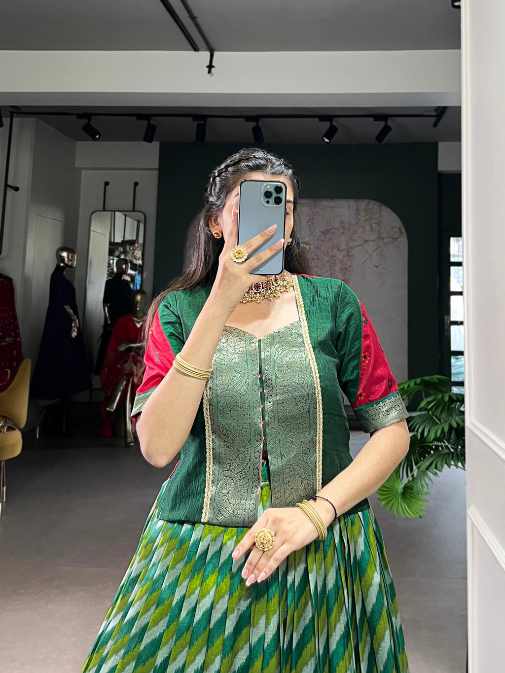 Lorenvalley Fashion Green Tasar Silk Leheriya Print With Zari Weaving Work Lehenga Choli - Distacart